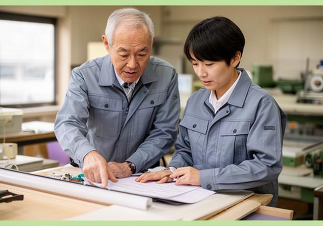 山梨県の小規模事業所で、先輩社員が新人に作業手順を説明しながら一緒に確認している様子